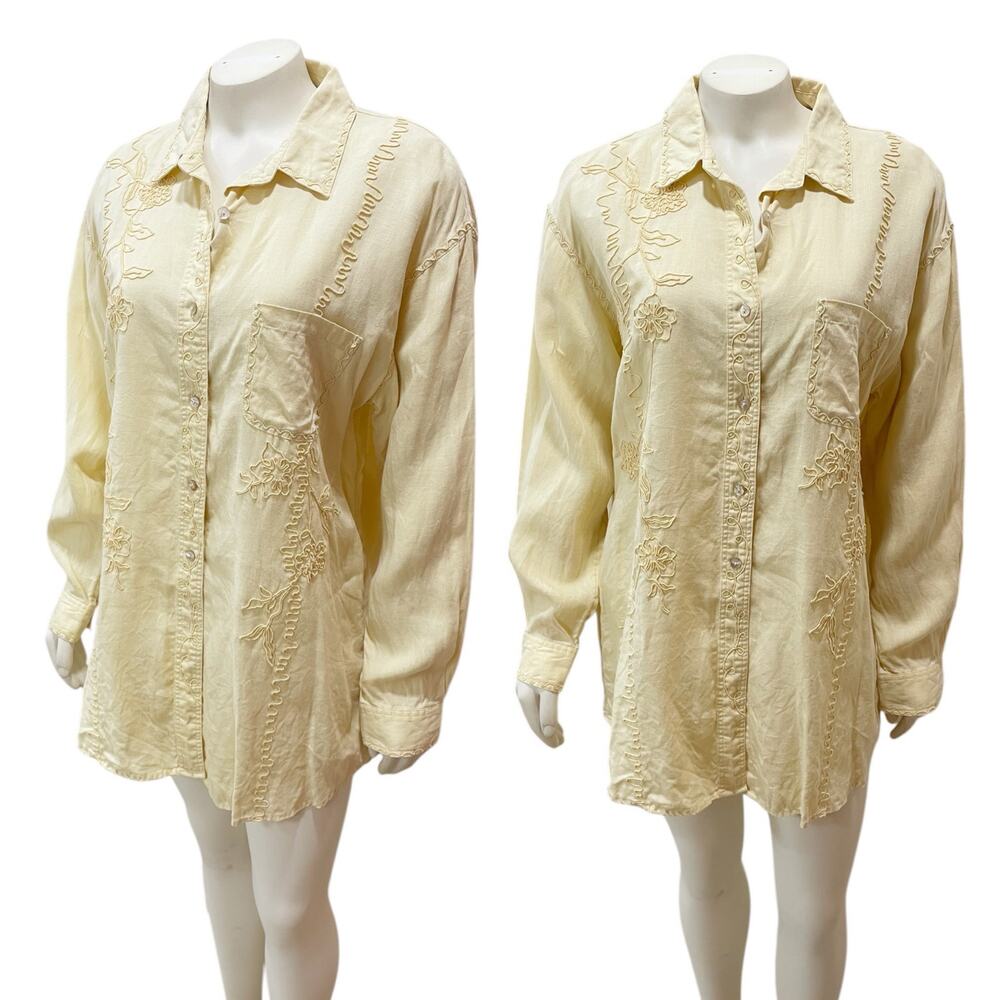 J.Jill Butter Yellow Vintage Linen Blouse Button Down Pattered Medium